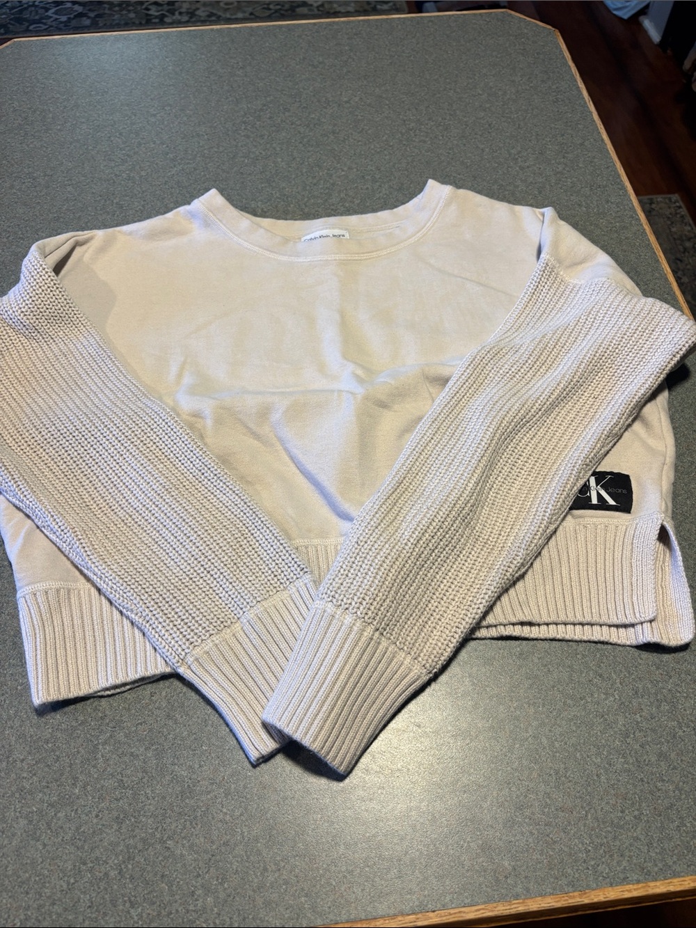 Calvin Klein Light Cream Crewneck Sweater with Textured Sleeves